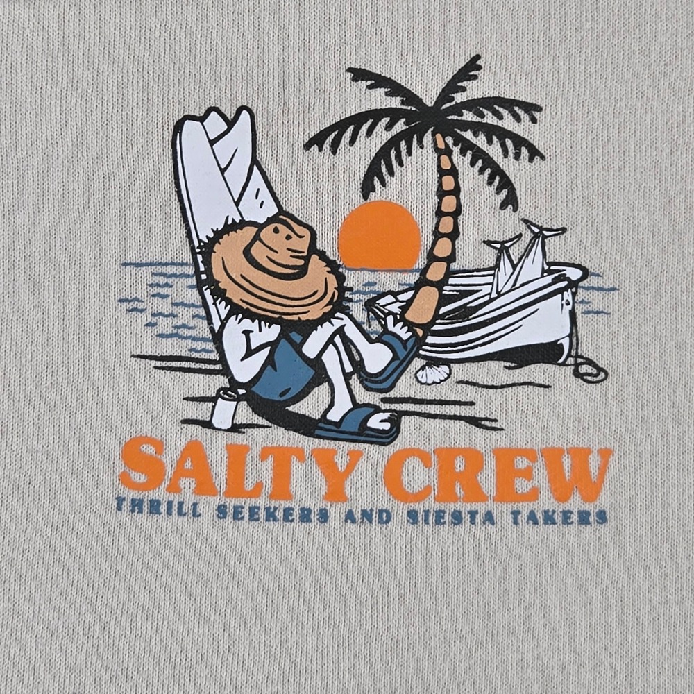 Salty Crew Hoodie Mens Medium Tan Siesta Takers Graphic Sleeve Print Sweatshirt